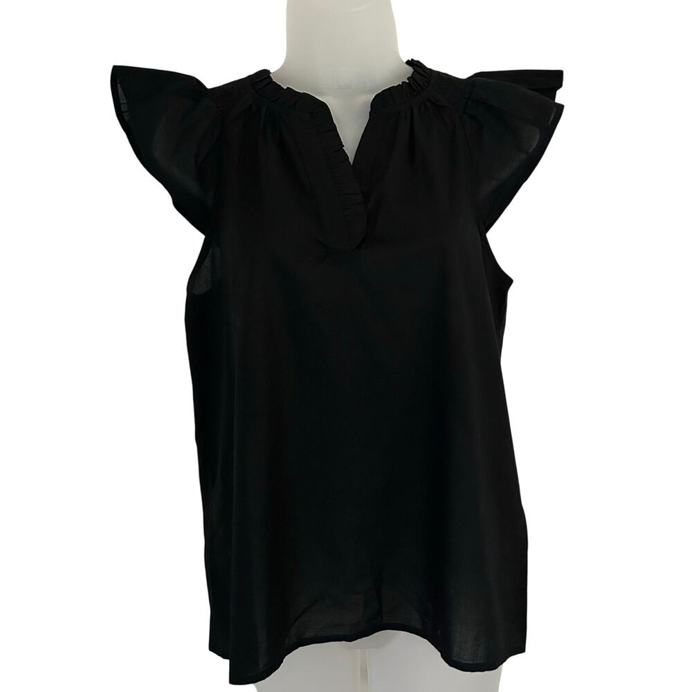 J. Crew Factory Womens Flutter Sleeve V Neck Black Cotton Blouse Top XS NEW